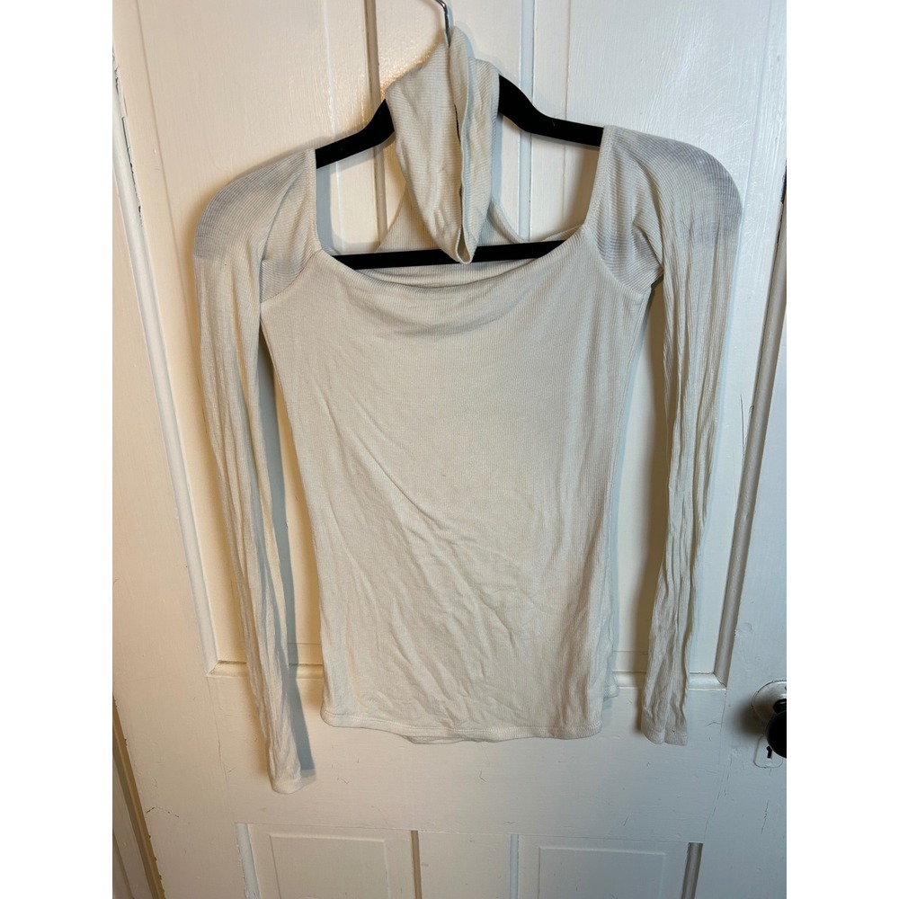 Michael Lauren Cream Ribbed Cutout Halter Long Sleeve Top XS